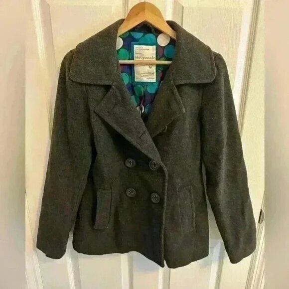 Aeropostale Women’s L Pea Coat Gray Wool Blend Double Breasted  Button Front - Picture 2 of 3